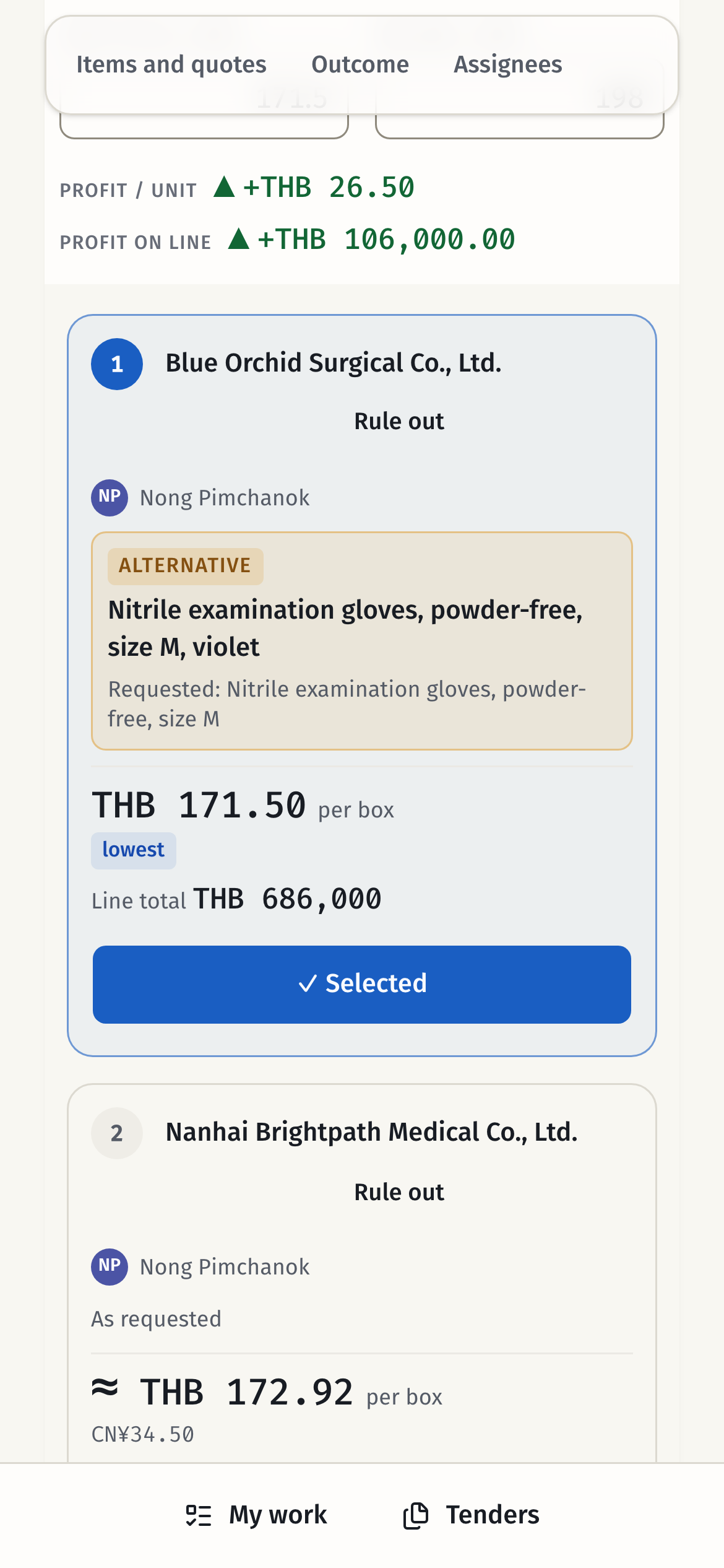 A Tender in Awardley on a phone, showing its Items and the Quotes against them.